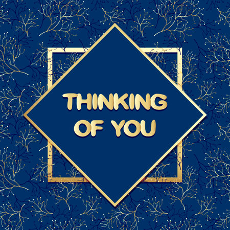 Thinking of you- card. blue background and frame of tree branchesのイラスト素材
