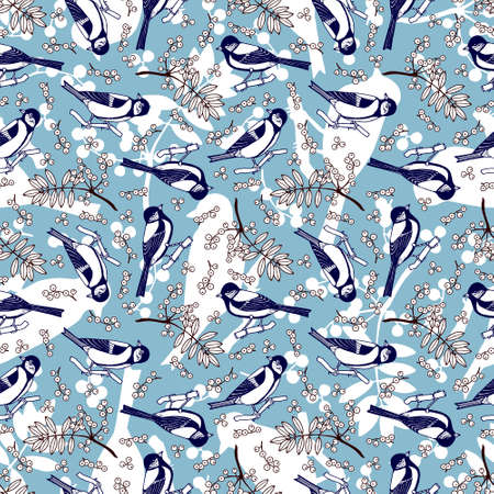 Tit birds seamless pattern. Rowan branch.のイラスト素材