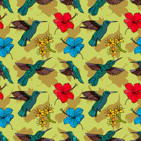 Seamless pattern of Birds Hummingbird, Hibiscus, Agave flower.のイラスト素材