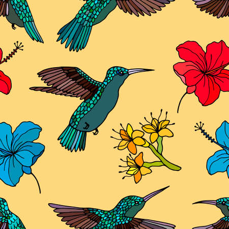 Seamless pattern of Birds Hummingbird, Hibiscus, Agave flower.のイラスト素材
