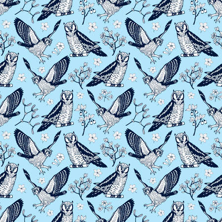 Owls and plants seamless pattern Vector stock illustrationのイラスト素材