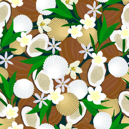 Seamless pattern Coconuts, flower, leaves Vector stock illustrationのイラスト素材