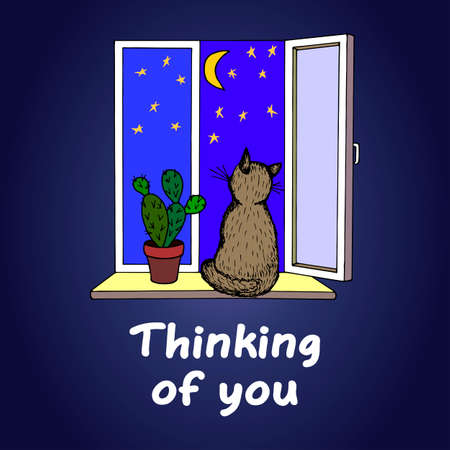 Thinking of you - card. The cat is bored by the window. Vector stock illustration. Hand drawingのイラスト素材