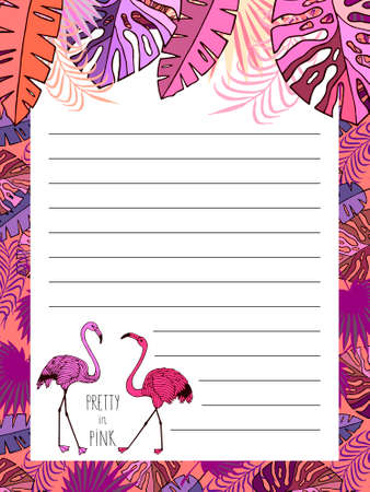 Tropical frame with pink flamingos. Form for writing. Frame for writing vector stock illustrationのイラスト素材