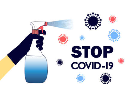 Stop Covid-19 - text . COVID-19, Novel coronavirus, 2019-nCoV, virus being killed by spray, disinfectant solution.のイラスト素材