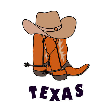 TEXAS. Set of cowboy boots hat, rope lasso. Vector stock illustration eps10. Isolate on white background, outline, hand drawing.のイラスト素材