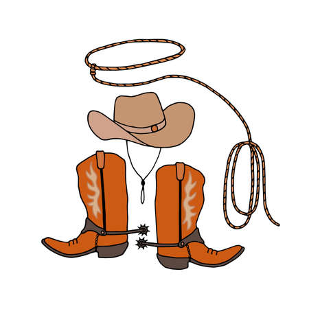 Set of cowboy boots hat, rope lasso. Vector stock illustration eps10. Isolate on white background,...