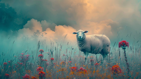 Sheep in the meadow with flowers at sunset. Nature backgroundの素材