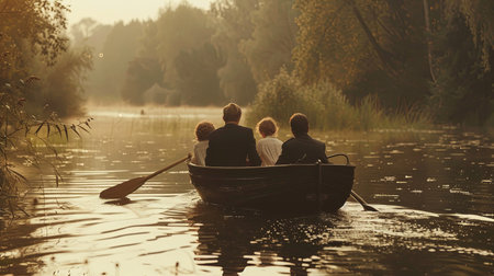 Family paddling in a boat on the river at sunset. Back view.の素材