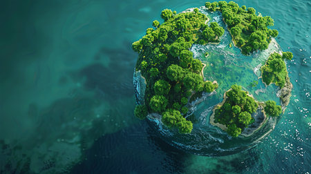 Green planet with trees in the water. 3d render illustration.の素材