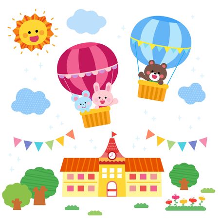 Cute Animals on Balloon Garden Buildingのイラスト素材