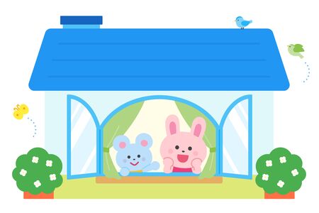 Rabbit and mouse greeting from the houseのイラスト素材