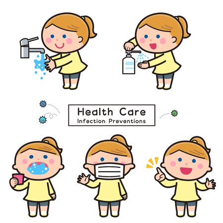 Infectious disease prevention / hand washing,disinfection,gargling,mask / girlのイラスト素材