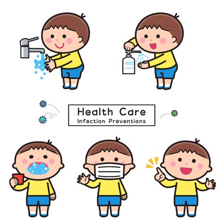 Infectious disease prevention / hand washing,disinfection,gargling,mask / boyのイラスト素材