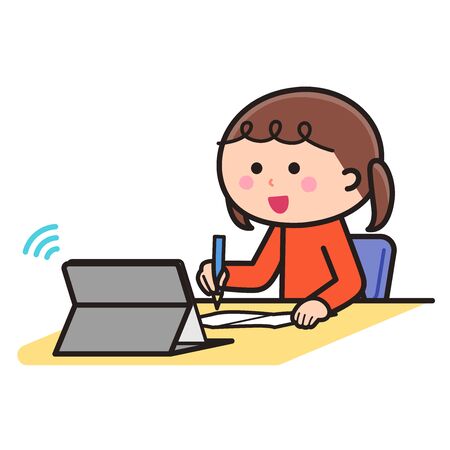 Girl taking online lessons / tabletのイラスト素材