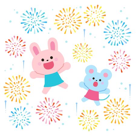 Jump with fireworks! Rabbit and mouse white backgroundのイラスト素材