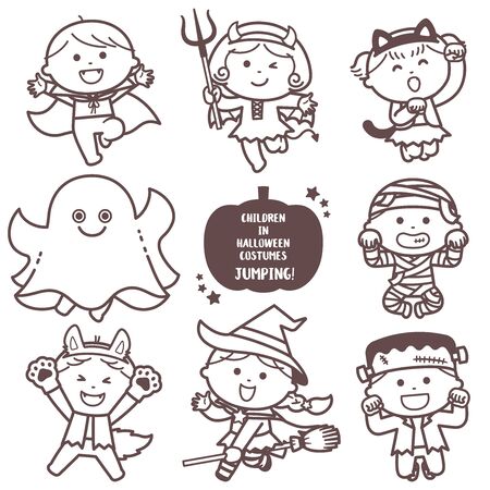 Children jumping in Halloween ghost costumes / Single colorのイラスト素材