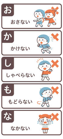Evacuation mottoes (read the first letter of the Japanese words  as "O-KA-SHI-MO-NA") Translation: "Don't push, don't run, don't talk, don't go back, don't cry."のイラスト素材