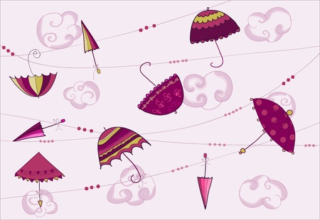 Umbrellas hanging on the rope - vector cardのイラスト素材