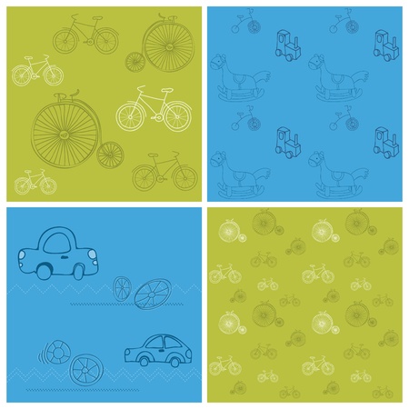 Set of Seamless backgrounds with Bikes and Cars - for design and scrapbookのイラスト素材
