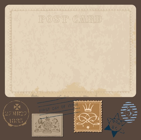 Antique postcards in vector with set of Postal stampsのイラスト素材