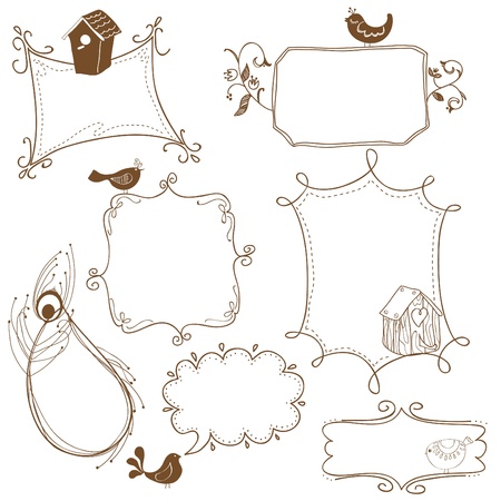 Sweet Doodle Frames with Birds and Bird Housesのイラスト素材