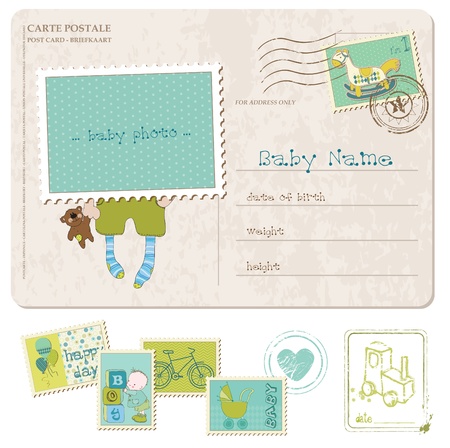 Baby Boy Birthday Postcard with set of stampsのイラスト素材