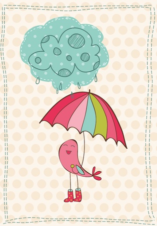 Autumn Card with bird in rain boots - for scrapbook, design, invitation, greetingsのイラスト素材