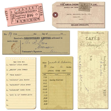Old paper objects - vintage tickets, letters, notes - for design and scrapbook in vectorのイラスト素材