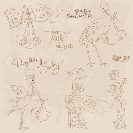 Vintage Baby Shower and Arrival Doodles Set - design elements for scrapbook, invitation, cardsのイラスト素材