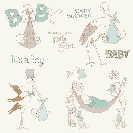 Vintage Baby Boy Shower and Arrival Doodles Set - design elements for scrapbook, invitation, cardsのイラスト素材