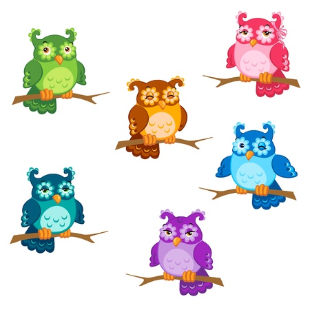 Set of cute six cartoon owls with various emotions in vector のイラスト素材