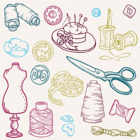 Sewing Kit Doodles - hand drawn design elements のイラスト素材