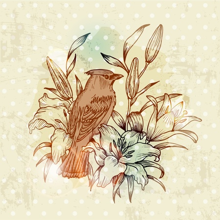 Vintage Spring Card with Bird and Flowers - hand drawn in vectorのイラスト素材