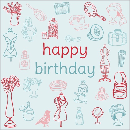 Birthday Card - with hand drawn elements - for Scrapbook, Invitation in vectorのイラスト素材