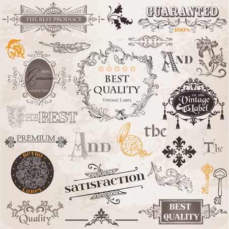 Vector Set: Calligraphic Design Elements and Page Decoration, Vintage Label collection with Flowersのイラスト素材