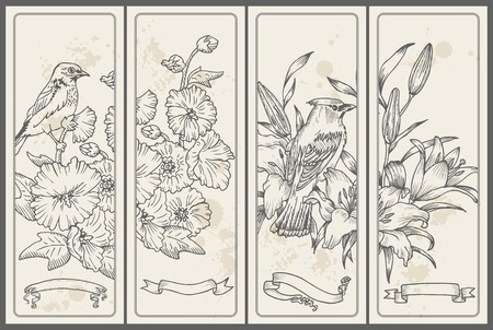 Retro Flower and  Bird Banners - hand drawn in vectorのイラスト素材