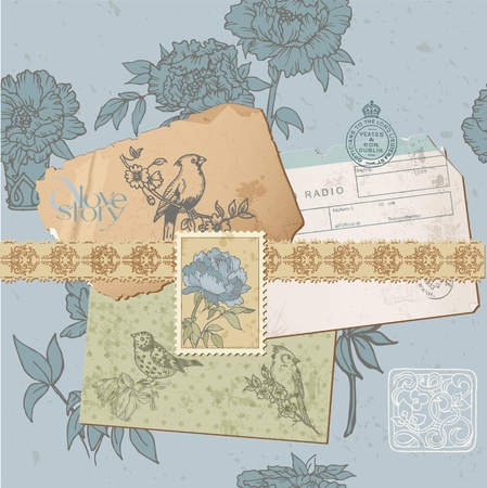 Scrapbook design elements - Vintage Bird and Peony Set - in vectorのイラスト素材