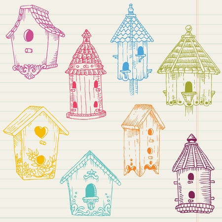Cute Bird House Doodles - hand drawn in vector - for design and scrapbookのイラスト素材