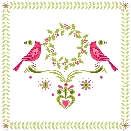 Christmas Card - Birds with Christmas Wreath - for invitation, congratulation のイラスト素材
