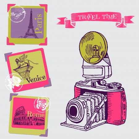 Lovely Card - Vintage Camera with Europe Architectureのイラスト素材