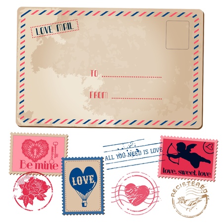Vintage Love Valentine Postcard and Stamps - for design, invitation, scrapbook - in vectorのイラスト素材