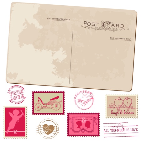 Vintage Postcard and Postage Stamps - for wedding design, invitation, congratulation, scrapbookのイラスト素材