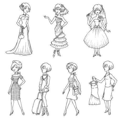Set of Fashion Girls - hand drawn in vectorのイラスト素材