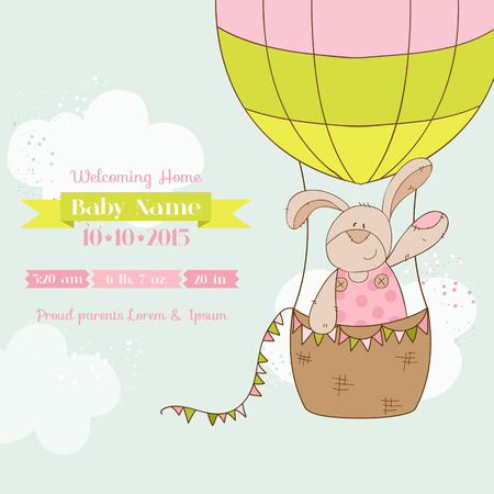 Baby Shower or Arrival Card - Baby Bunny with Air Balloon のイラスト素材