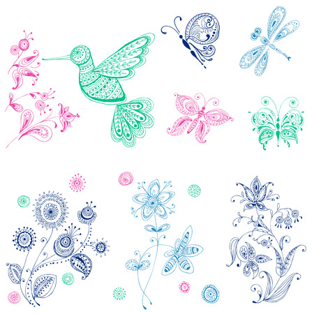 Spring & Summer Doodles - bird, butterflies, flowers - hand drawn.のイラスト素材