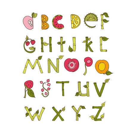 Hand drawn alphabet - Nature and Fruits Elements. Doodle font.のイラスト素材