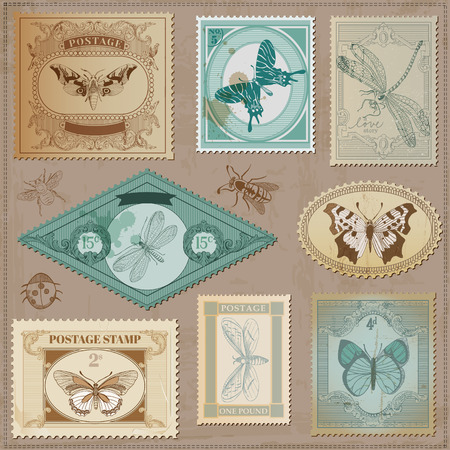Vector Set: Vintage Post Stamps with Calligraphic Hand drawn Butterflies - for design and scrapbookのイラスト素材