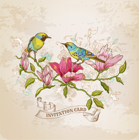 Vintage Card - Flowers and  Birdsのイラスト素材