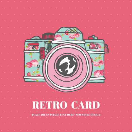 Vintage Photo Camera with Flowers - hand-drawn in vectorのイラスト素材